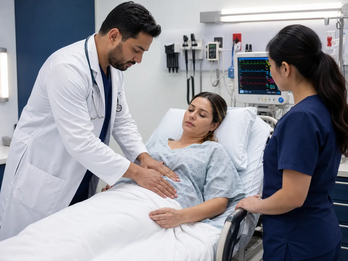 Emergency physician examining a patient with abdominal pain