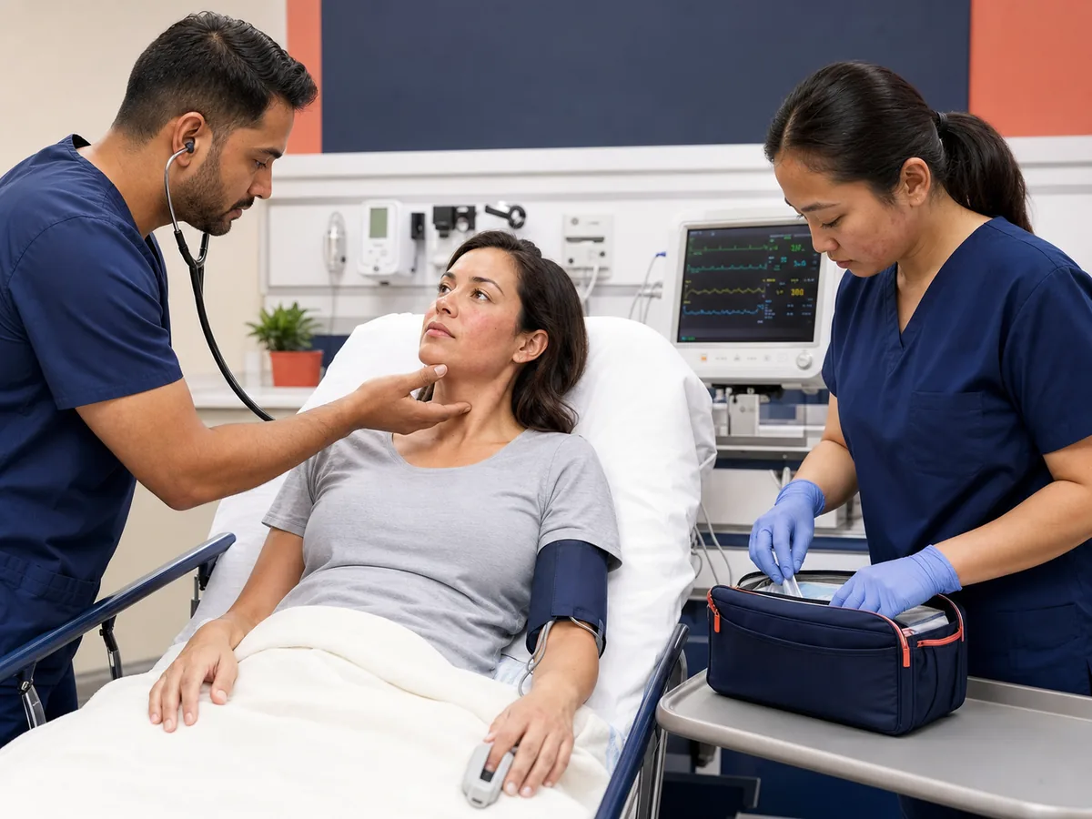 Emergency team treating and monitoring a patient with an acute allergic reaction