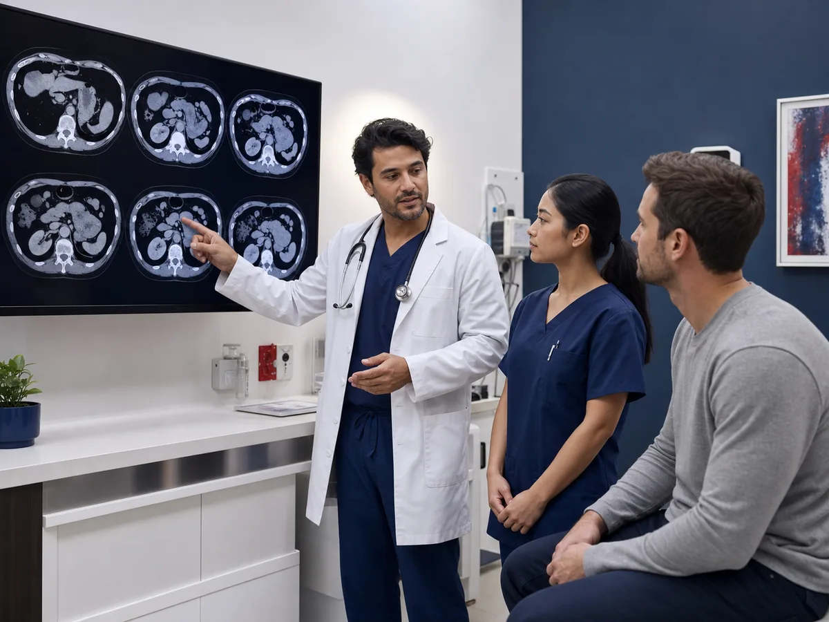 Emergency physicians reviewing abdominal imaging for suspected appendicitis