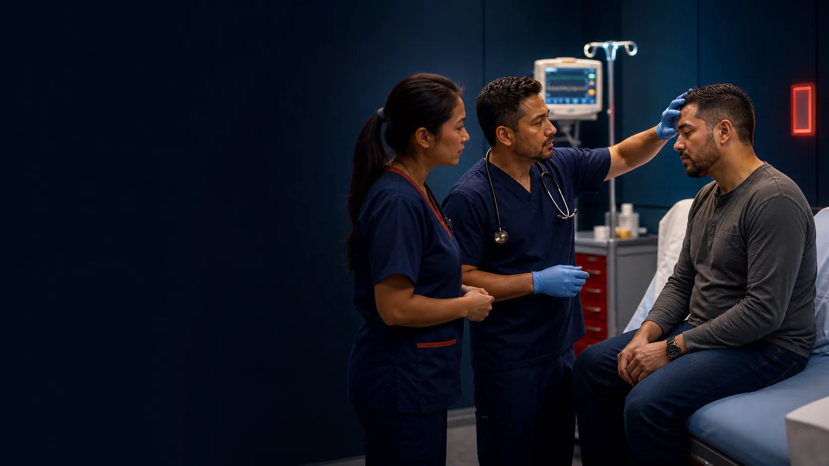 Emergency physician and nurse evaluating a patient with fever and flu-like symptoms