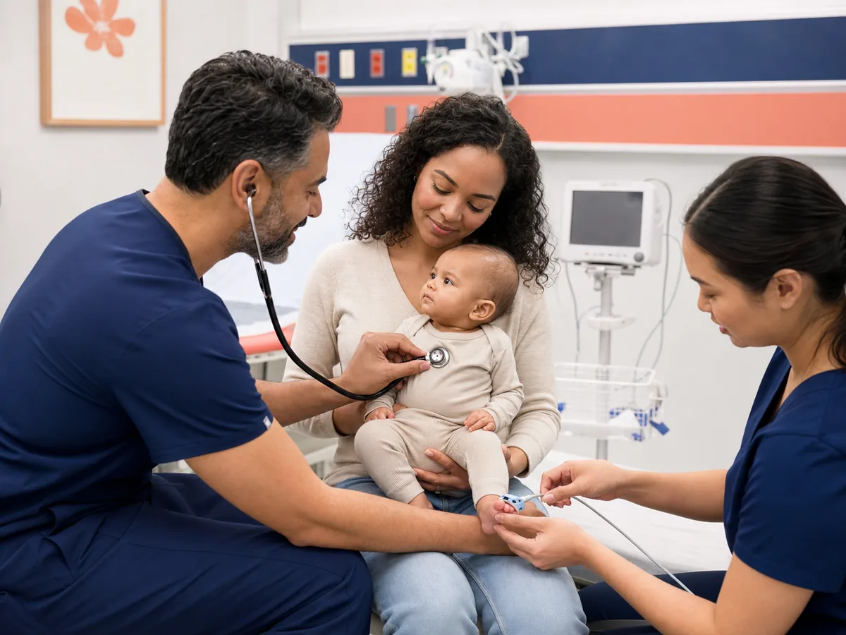 Emergency medical team evaluating an infant while a parent provides comfort
