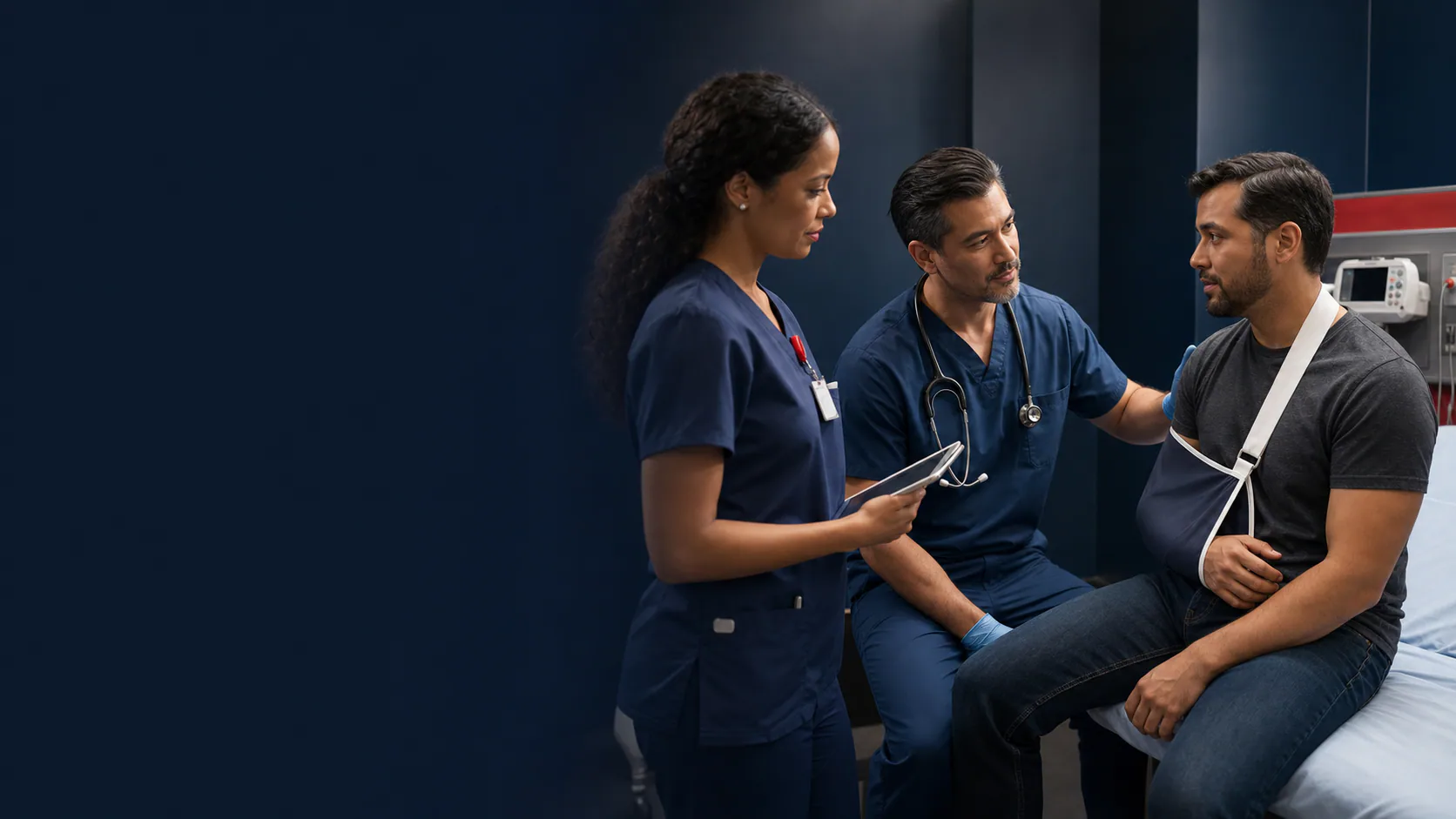 Emergency physicians evaluating a patient with an arm injury at NorthStar Emergency Center