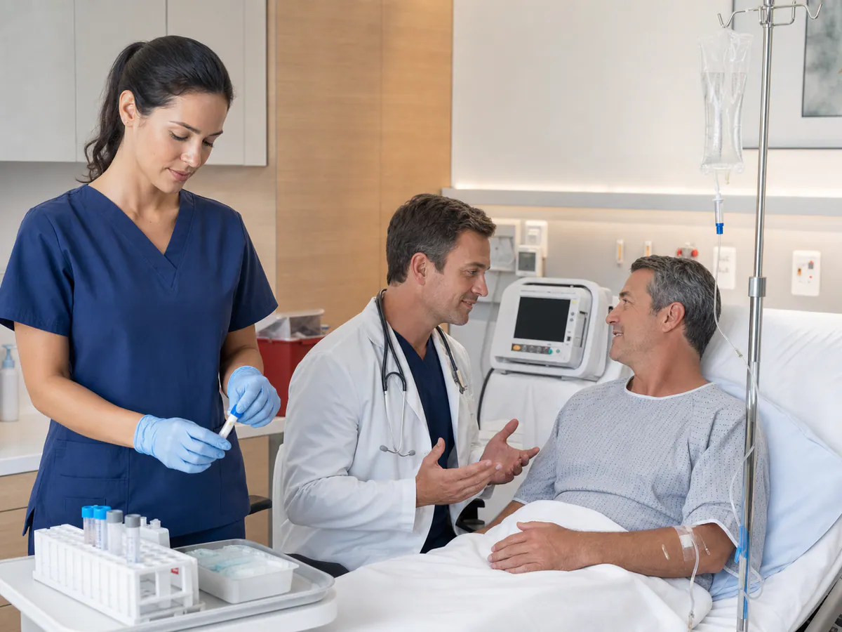 Emergency care team providing on-site laboratory testing and IV fluids to a patient