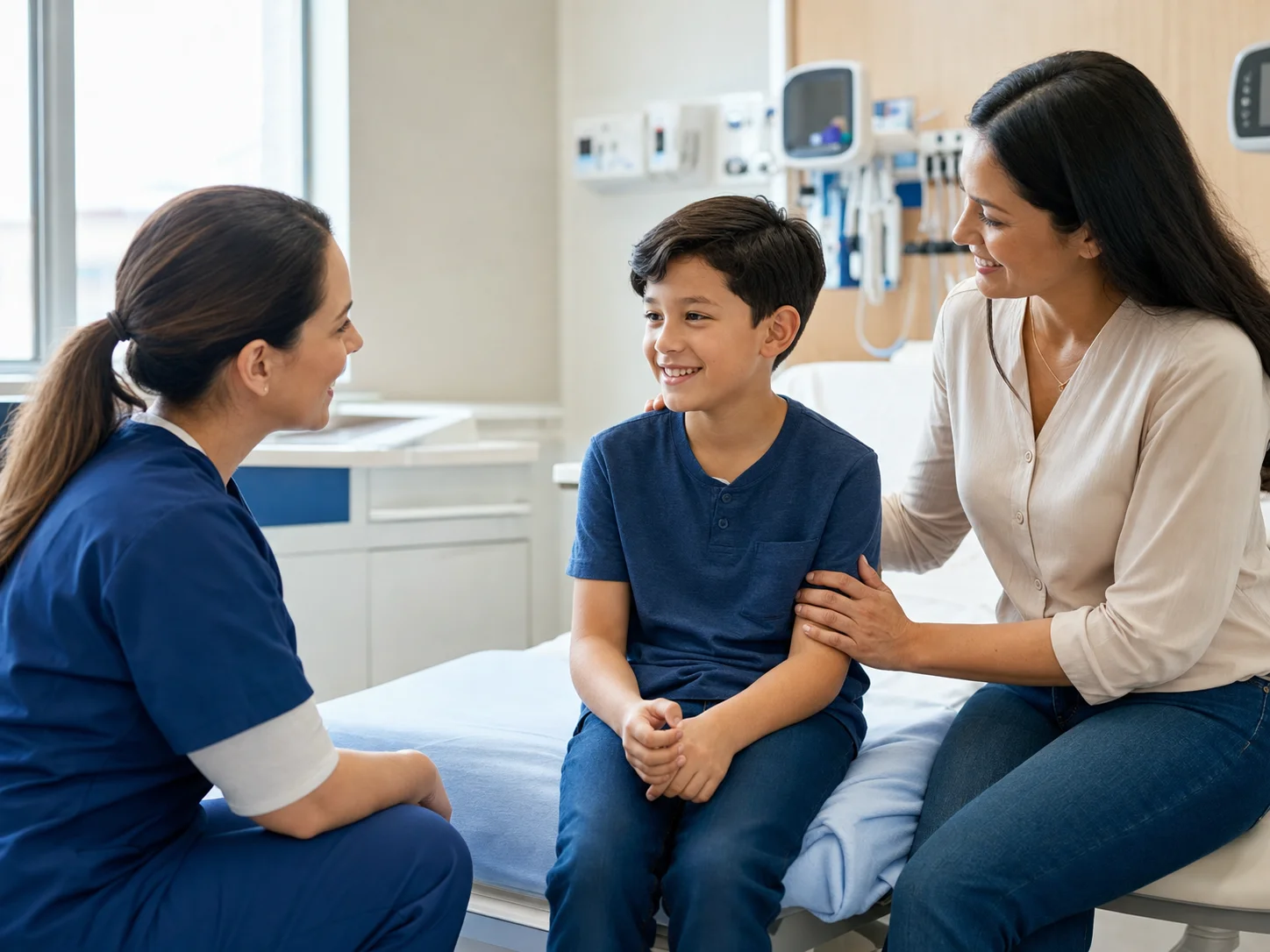 Emergency nurse speaking with a child and parent in a private treatment room.