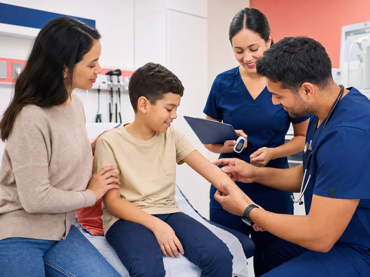 Emergency physician examining a child with a possible allergic rash while a parent provides comfort