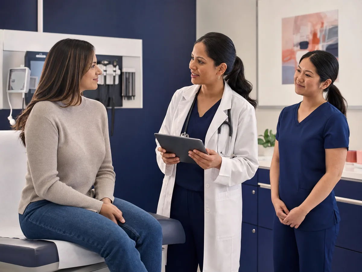Woman receiving private and respectful emergency evaluation from a medical team