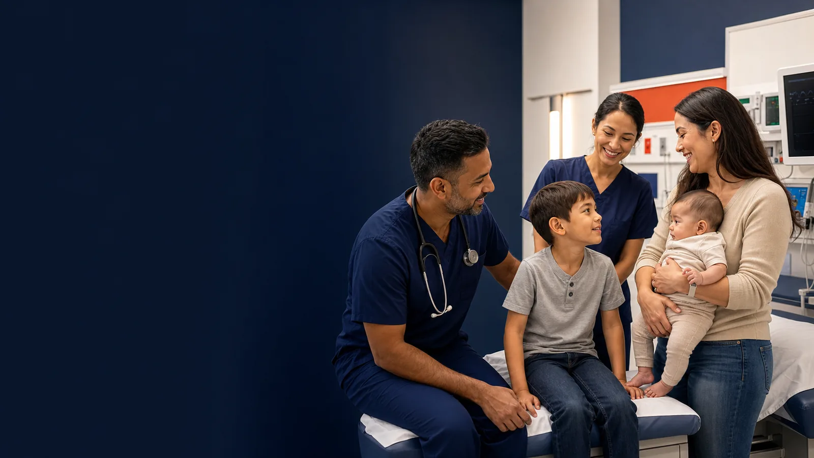 Emergency medical team caring for children and an infant with their parent in Houston